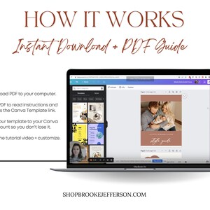 May include: A laptop computer screen displaying a Canva design template with a photo of a family. The text "HOW IT WORKS" and "Instant Download + PDF Guide" is displayed above the laptop. The text "SHOPBROOKEJEFFERSON.COM" is displayed below the laptop.