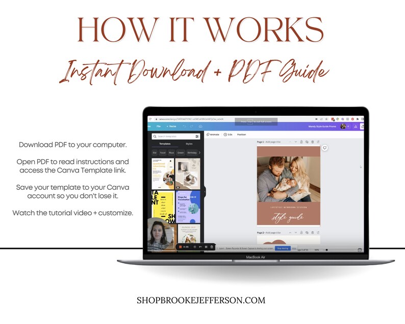 May include: A laptop computer screen displaying a Canva design template with a photo of a family. The text "HOW IT WORKS" and "Instant Download + PDF Guide" is displayed above the laptop. The text "SHOPBROOKEJEFFERSON.COM" is displayed below the laptop.