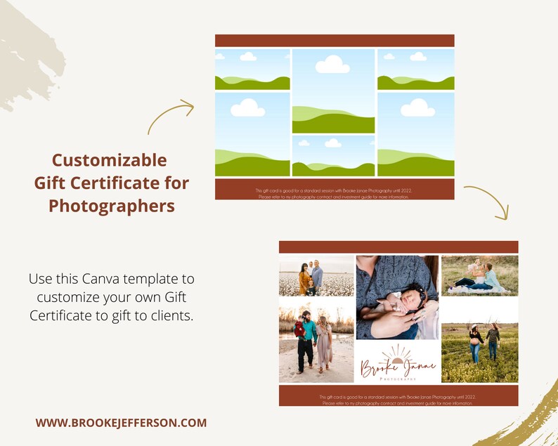 May include: A customizable gift certificate template for photographers. The template features a collage of photos with a rustic brown and gold color scheme. The text "Brooke Janar Photography" is included in the design.
