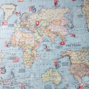 Toile imprimée de 8 oz | carte du monde| Décoration d'intérieur | Toile de coton artisanale| Rembourrage | Qualité supérieure | vendu au mètre | Fabrication européenne
