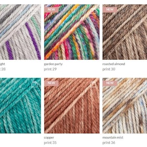 May include: A grid of six yarn skeins featuring various colorways: silver twilight long print 28, garden party print 29, roasted almond print 30, emerald print 34, copper print 35, and mountain mist print 36. Each section displays a textured fiber.