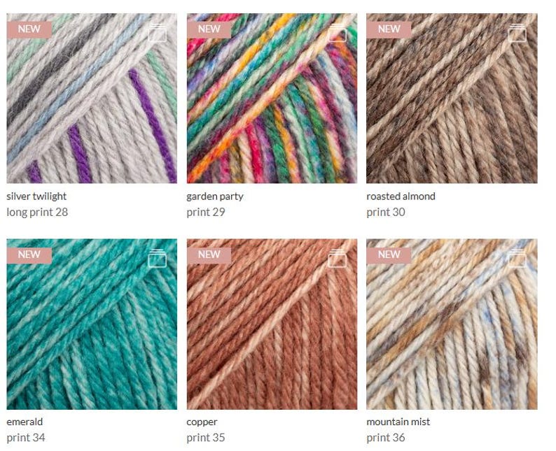 May include: A grid of six yarn skeins featuring various colorways: silver twilight long print 28, garden party print 29, roasted almond print 30, emerald print 34, copper print 35, and mountain mist print 36. Each section displays a textured fiber.