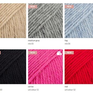 May include: A grid of six yarn skeins in beige mix 04, medium gray mix 05, fog mix 06, black uni colour 10, cerise uni colour 11, and red uni colour 12. Each square features a NEW label in the top left corner and displays the color name and code.