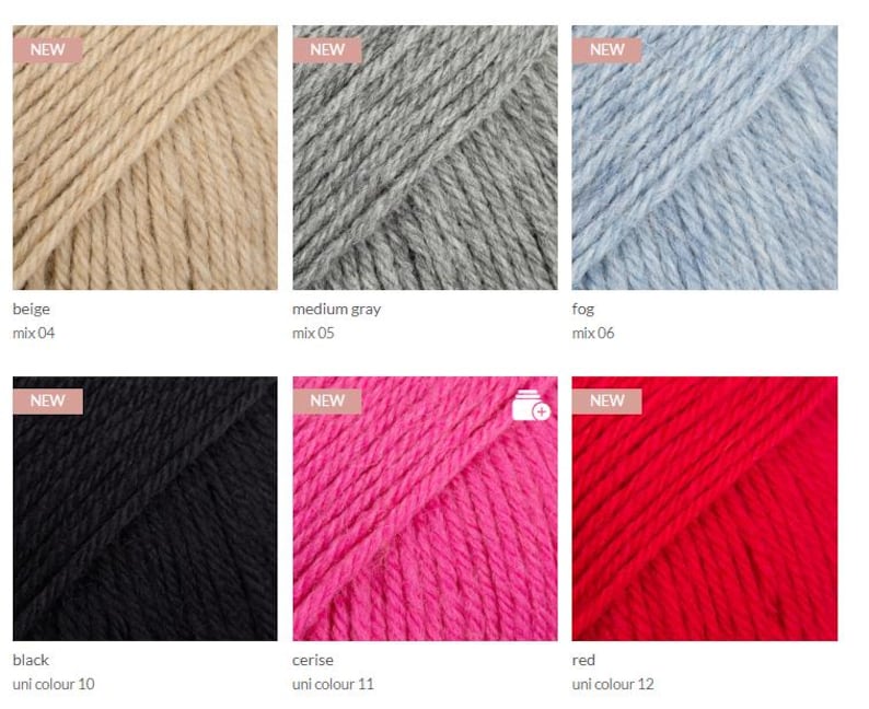 May include: A grid of six yarn skeins in beige mix 04, medium gray mix 05, fog mix 06, black uni colour 10, cerise uni colour 11, and red uni colour 12. Each square features a NEW label in the top left corner and displays the color name and code.