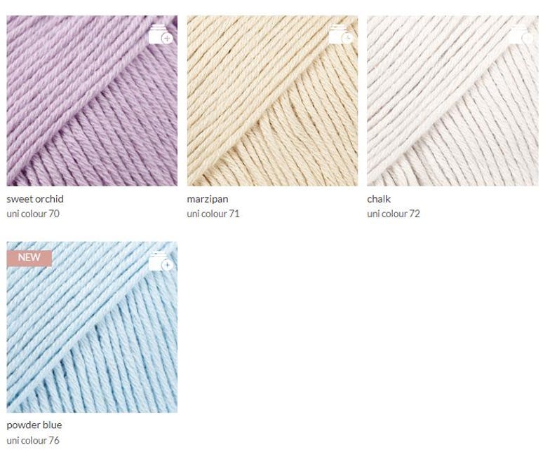 May include: Close-up of four skeins of yarn in various colors: sweet orchid, marzipan, chalk, and powder blue. The yarn is labeled with its color name and uni color number. The powder blue skein has a "NEW" label.