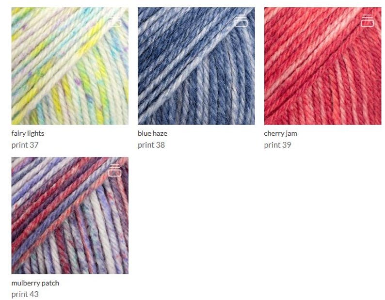 May include: Four skeins of yarn displayed in a grid. The first is white with yellow, green, and blue specks labeled fairy lights print 37. The second is blue and white labeled blue haze print 38. The third is red and pink labeled cherry jam print 39. The fourth is purple, pink, and white labeled mulberry patch print 43.