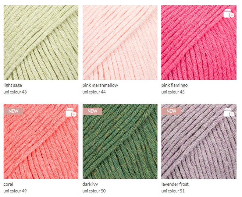 K&ouml;nnte beinhalten: Sechs Garnkn&auml;uel in verschiedenen Farben: Hellgr&uuml;n Salbei, Rosa Marshmallow, Rosa Flamingo, Koralle, Dunkelgr&uuml;n Efeu und Lavendelfrost. Jedes Kn&auml;uel ist mit dem Farbnamen und der Uni-Farbnummer gekennzeichnet.
