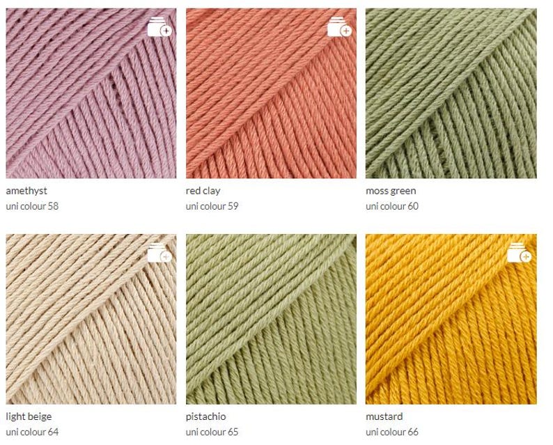 May include: A collection of six skeins of yarn in various colors. The colors include amethyst, red clay, moss green, light beige, pistachio, and mustard. Each skein is labeled with its color name and a unique number.