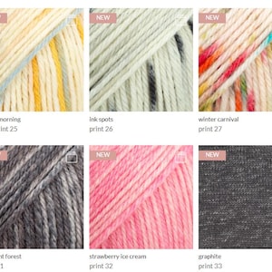 May include: Six swatches of yarn featuring various textures and colors: spring morning long print 25, ink spots print 26, winter carnival print 27, midnight forest print 31, strawberry ice cream print 32, and graphite print 33, each labeled with its name.