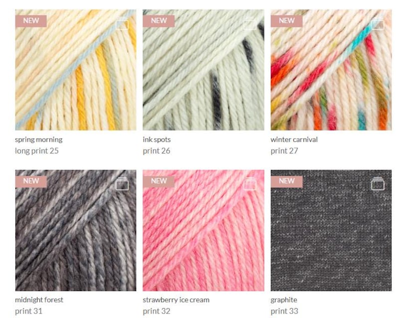 May include: Six swatches of yarn featuring various textures and colors: spring morning long print 25, ink spots print 26, winter carnival print 27, midnight forest print 31, strawberry ice cream print 32, and graphite print 33, each labeled with its name.
