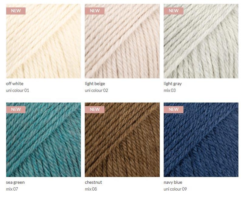 May include: A collection of six yarn skeins in various colors including off white, light beige, light gray, sea green, chestnut, and navy blue. Each square swatch features a NEW label and text identifying the color name and uni or mix code.