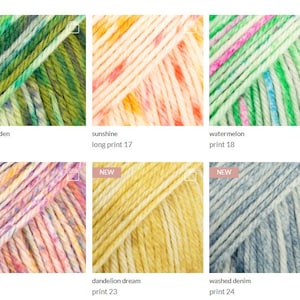 May include: Six squares of multi-colored yarn skeins labeled herb garden print 16, sunshine long print 17, watermelon print 18, fairytale print 22, dandelion dream print 23, and washed denim print 24, showcasing various variegated color patterns.