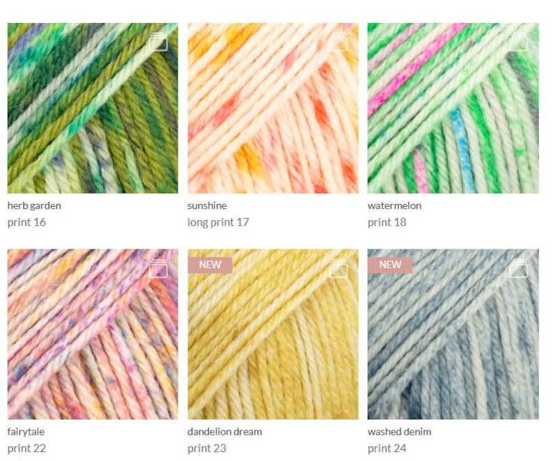 May include: Six squares of multi-colored yarn skeins labeled herb garden print 16, sunshine long print 17, watermelon print 18, fairytale print 22, dandelion dream print 23, and washed denim print 24, showcasing various variegated color patterns.