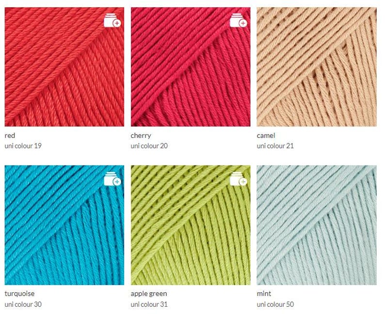May include: Close-up of six skeins of yarn in various colors. Colors include red, cherry, camel, turquoise, apple green, and mint. Each skein is labeled with its color name and a uni color number.