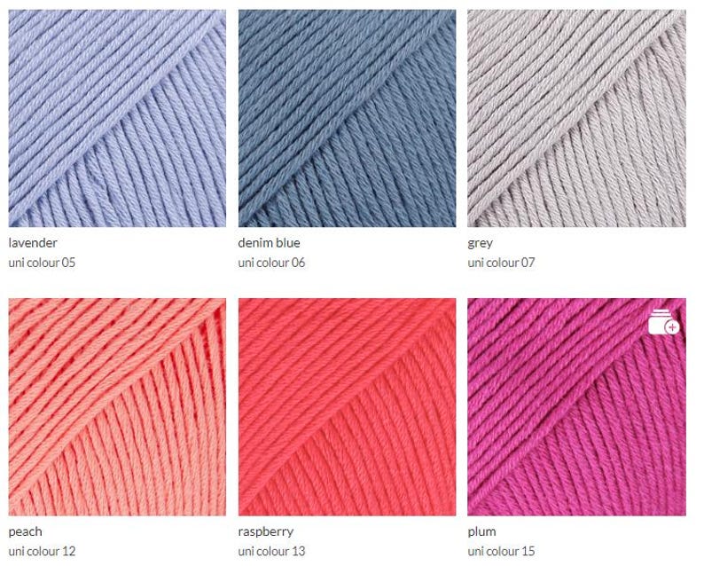 May include: Close-up of six skeins of yarn in various colors. Colors include lavender, denim blue, grey, peach, raspberry, and plum. Each skein is labeled with its color name and a unique identifier.