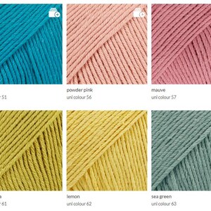 May include: Close-up of six skeins of yarn in various colors. Colors include petrol, powder pink, mauve, green tea, lemon, and sea green. Each skein is labeled with its color name and a corresponding number.