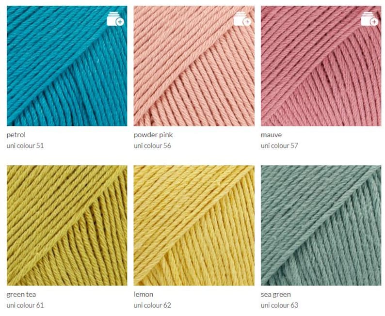 May include: Close-up of six skeins of yarn in various colors. Colors include petrol, powder pink, mauve, green tea, lemon, and sea green. Each skein is labeled with its color name and a corresponding number.