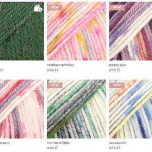 May include: A collection of six yarn skeins featuring various colorways: dark ivy, rainbow sprinkles, purple rain, berries and cream, northern lights, and sea captain. Each square image displays a textured, twisted fiber pattern with distinct color palettes.
