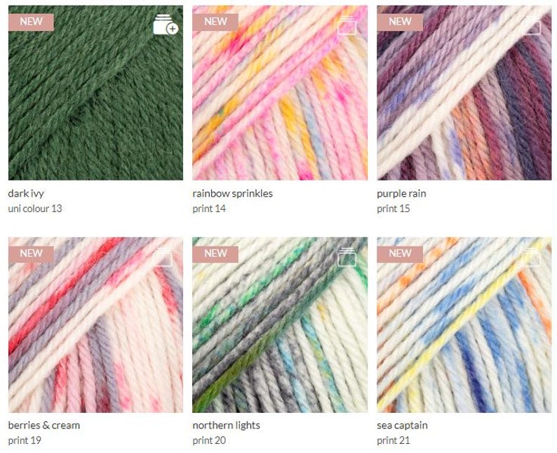 May include: A collection of six yarn skeins featuring various colorways: dark ivy, rainbow sprinkles, purple rain, berries and cream, northern lights, and sea captain. Each square image displays a textured, twisted fiber pattern with distinct color palettes.