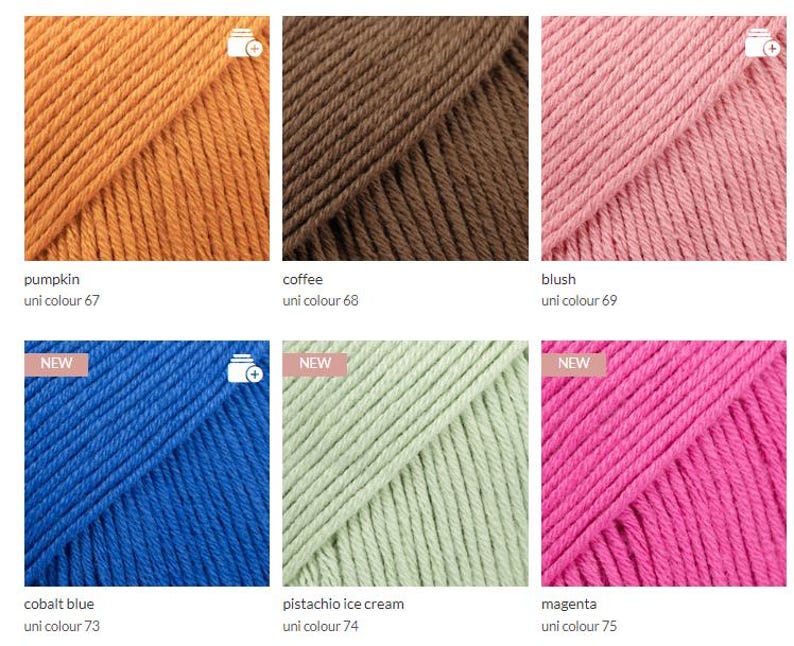 May include: A collection of six skeins of yarn in various colors, including pumpkin, coffee, blush, cobalt blue, pistachio ice cream, and magenta. Each skein is labeled with its color name and uni color number. The yarn is displayed in a close-up shot, highlighting the texture and color variations.