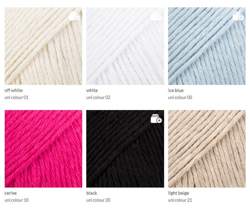 K&ouml;nnte beinhalten: Nahaufnahme von zehn Garnrollen in verschiedenen Farben, darunter Off-White, Wei&szlig;, Eisblau, Kirschrot, Schwarz und Hellbeige. Das Garn ist in zwei Reihen mit jeweils f&uuml;nf Rollen angeordnet. Jede Rolle hat ein Etikett mit dem Farbnamen und einer eindeutigen Farbnummer.