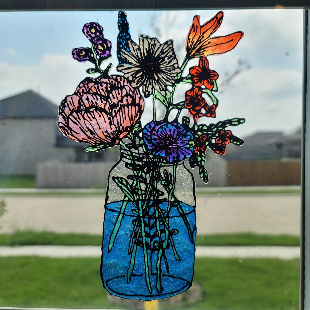 Mason Jar Flower Vase Suncatcher Etsy