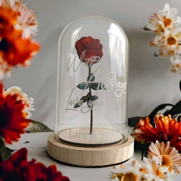 Cloche en Verre Rose Rouge en bois