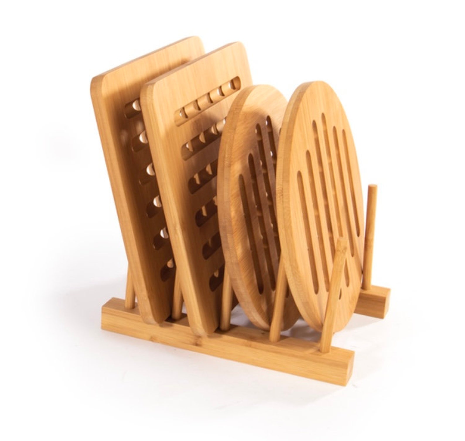 Set of 4 Bamboo Trivets With Storage Rack Etsy