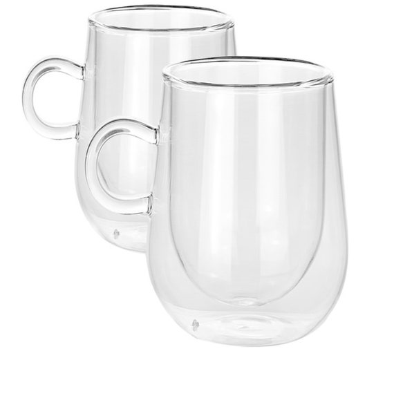 Set of 2 350ml Double Walled Coffee Tea Glasses Mugs With Handles Insulated  