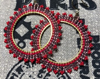 Handmade Seed Bead Earrings, Hoops, Crystal, Embellishment,