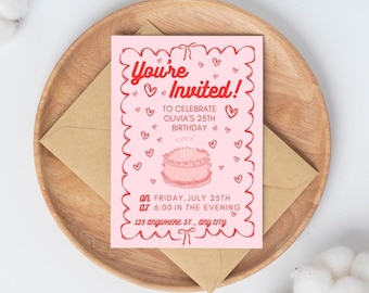 Pink and Red Birthday Invitation, Birthday Invite, Bow Invitation, Red and Pink, Editable Invitation, Canva Template