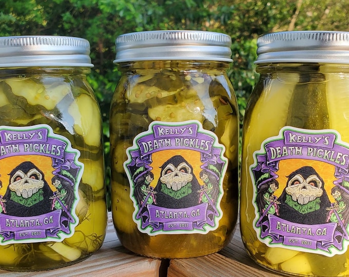 Kelly's Death Pickles Gourmet Small Batch Pickles Made in at Atlanta 16 ounce jars gifts for pickle fans  gift wrap included 10 varieties