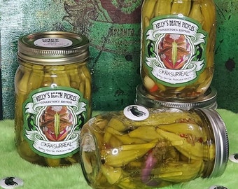 Spicy Pickled Okra by Kelly's Death Pickles - Old Family Recipe - Farm to Table - Bloody Mary Garnish - Vegan Vegetarian Food  Healthy Snack