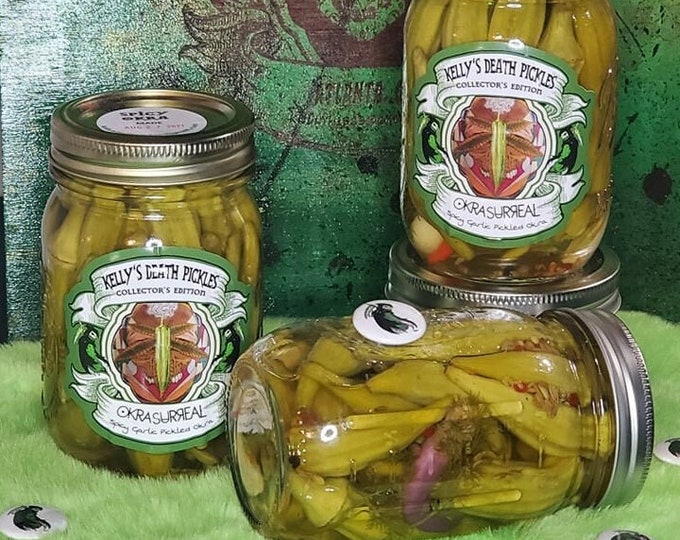 Spicy Pickled Okra by Kelly's Death Pickles - Old Family Recipe - Farm to Table - Bloody Mary Garnish - Vegan Vegetarian Food  Healthy Snack