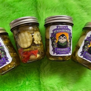 Pickle Flight - Kelly&#39;s Death Pickles (4- 8 oz. jar flight) - FREE SHIPPING Pickle Lover gift - Variety pack - Hot Sweet Dill Pickles - YUMM