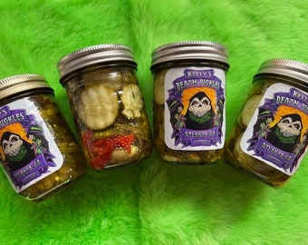 Pickle Flight - Kelly's Death Pickles (4- 8 oz. jar flight) - FREE SHIPPING Pickle Lover gift - Variety pack - Hot Sweet Dill Pickles - YUMM