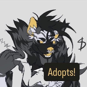May include: A digital illustration of a furry character with black, white, and yellow fur. The character has a stylized design with a dollar sign and the word "Adopts!" in a black box. The artwork is set against a light gray background.