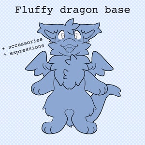 Puede incluir: Una base de dragón azul y esponjosa con una expresión feliz, alas y cola. La base está lista para ser personalizada con accesorios y expresiones.