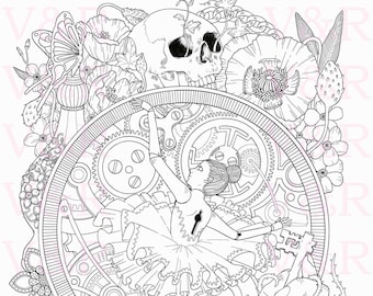 Printable Coloring Design for adults: Gothic Marionette puppet ballerina Skull Steampunk Fairytale