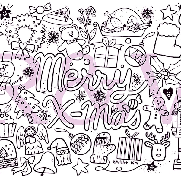 Keep Kids Busy! Letter size Printable Coloring Design: Merry Christmas Happy holiday cute symbols