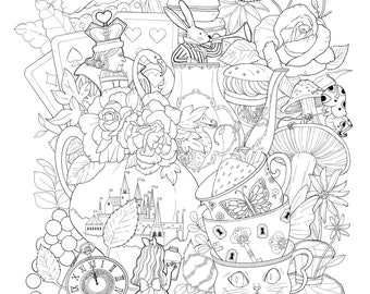 Printable Coloring Design für Erwachsene: Alice im Wunderland Prinzessin Fairytale Tea Party