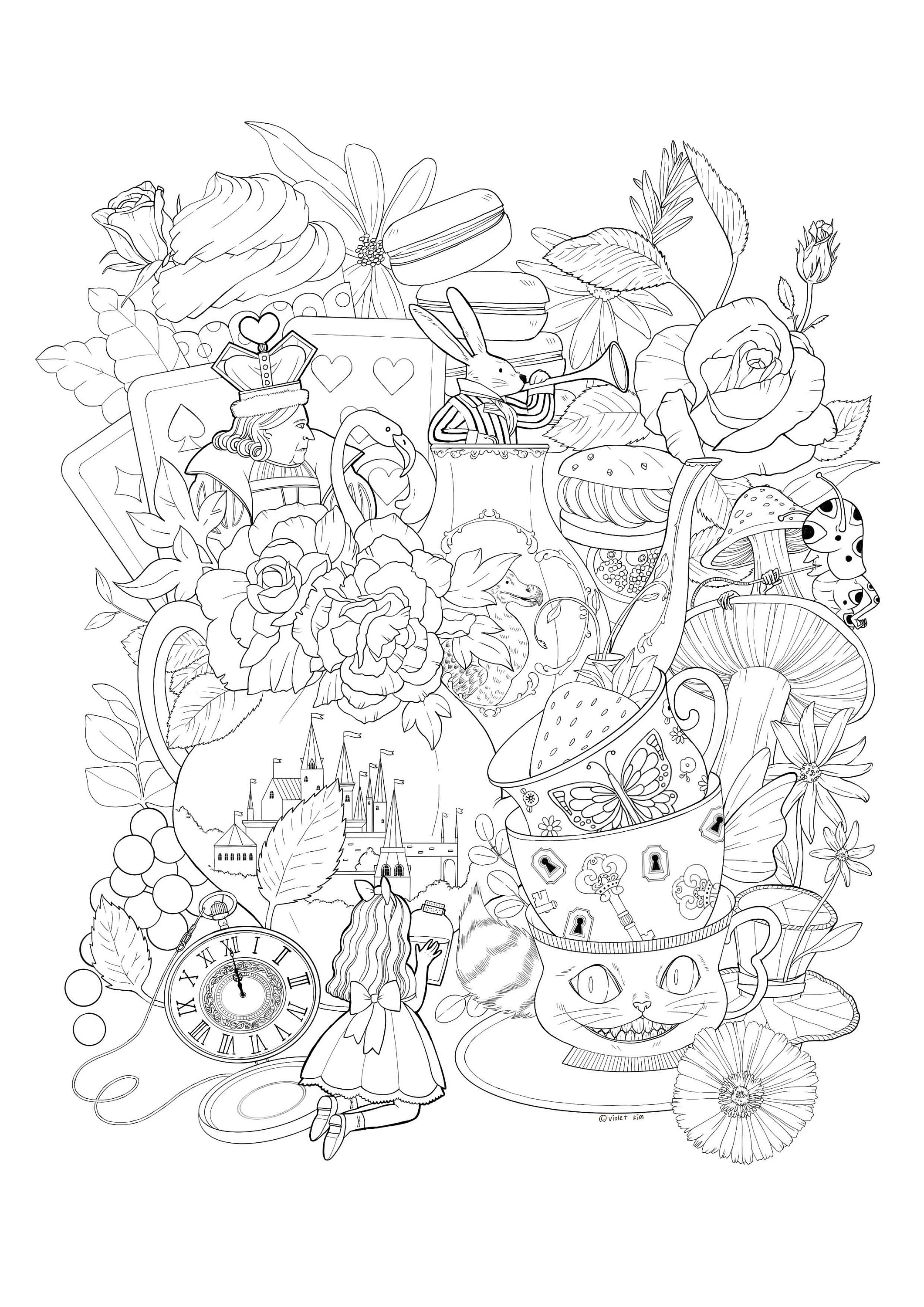 Printable Coloring Design for adults: Alice in Wonderland Princess Fairytale Tea Party