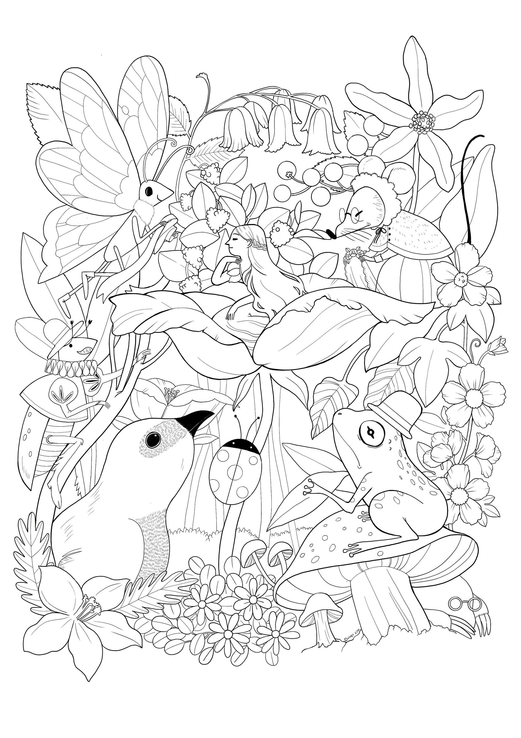Druckbares Ausmaldesign für Erwachsene: Däumelinchen Prinzessin Fairytale Flowers