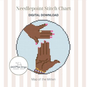 Könnte beinhalten: Digitales Kreuzstich-Diagramm mit dem Titel "Map of the Mitten". Das Design zeigt pixelige braune Hände mit rosa Fingernägeln vor einem hellblauen Hintergrund. Der Text "Needlepoint Stitch Chart" und "Digital Download" steht oben.