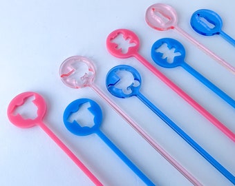 Baby blue and pink stir sticks, baby shower swizzle sticks, Cocktail drink stirrers, baby boy gift, baby girl gift, gender reveal, Set of 8