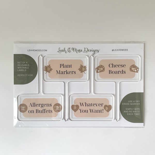 Acrylic multipurpose labels, cheese markers, clear plant labels, reusable food tags, party food markers, allergy labels, allergens, set of 4