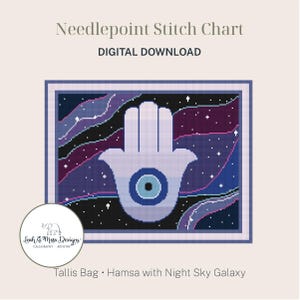 May include: Digital needlepoint stitch chart featuring a Hamsa hand design with a night sky galaxy background. The image includes the text "Needlepoint Stitch Chart DIGITAL DOWNLOAD" and "Tallis Bag • Hamsa with Night Sky Galaxy". A logo for Leah & Moss Designs is in the lower left corner.