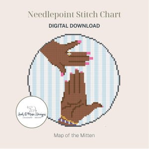 Könnte beinhalten: Digitales Kreuzstichmuster mit dem Titel "Map of the Mitten". Das Design zeigt pixelige braune Hände mit rosa Fingernägeln vor einem blau-weiß gestreiften Hintergrund. Der Text "DIGITALER DOWNLOAD" steht oben.
