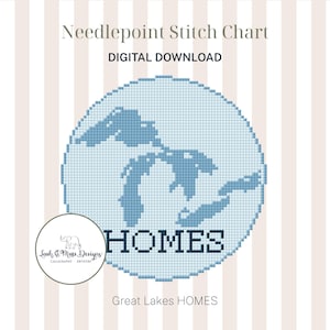 Könnte beinhalten: Digitales Kreuzstichmuster mit einem hellblauen, pixeligen Design der Großen Seen. Das Wort "HOMES" wird fett dargestellt. Der Text "Needlepoint Stitch Chart" und "DIGITAL DOWNLOAD" stehen oben.