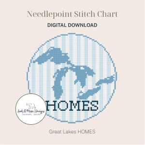 Może przedstawiać: Cyfrowe pobieranie wykresu ściegu igłowego z niebiesko-białym wzorem Wielkich Jezior. Słowo "HOMES" jest wyświetlane w kolorze granatowym. Tekst "Needlepoint Stitch Chart" i "DIGITAL DOWNLOAD" znajdują się u góry.